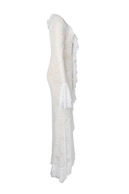 Sheer Lace Ruffled Slit Maxi Dress Lavish Daily