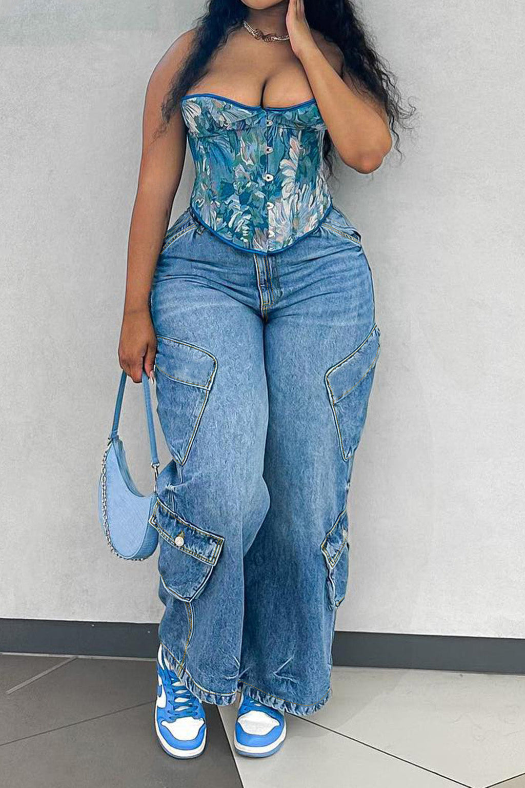 Light Blue Loose Fit Multi-Pocket Jeans Lavish Daily