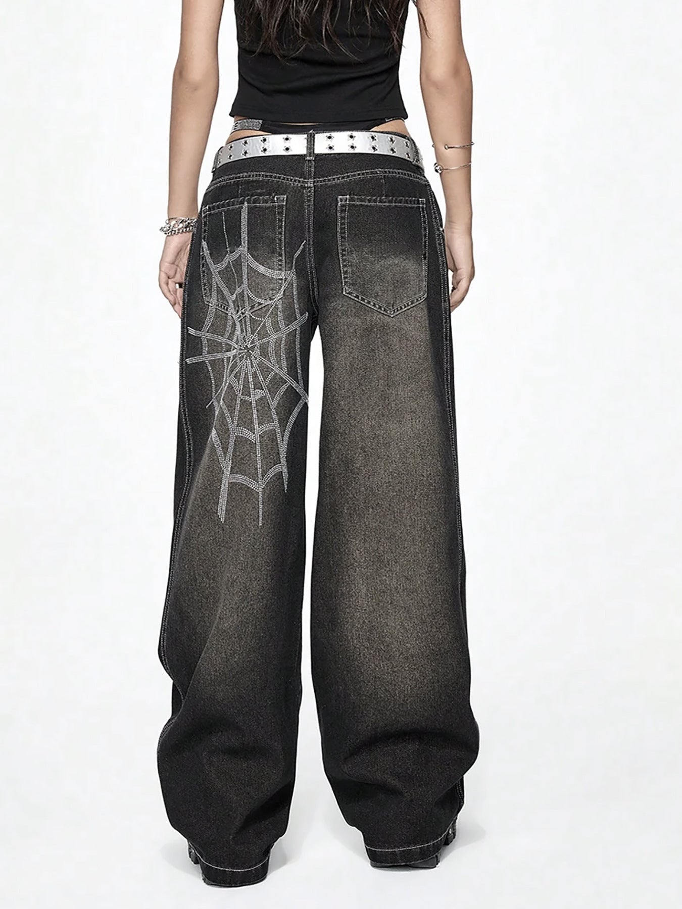 Distressed Rhinestone Spiderweb Jeans Lavish Daily