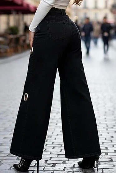 Oversized Grommet Cutout Wide Leg Jeans Lavish Daily