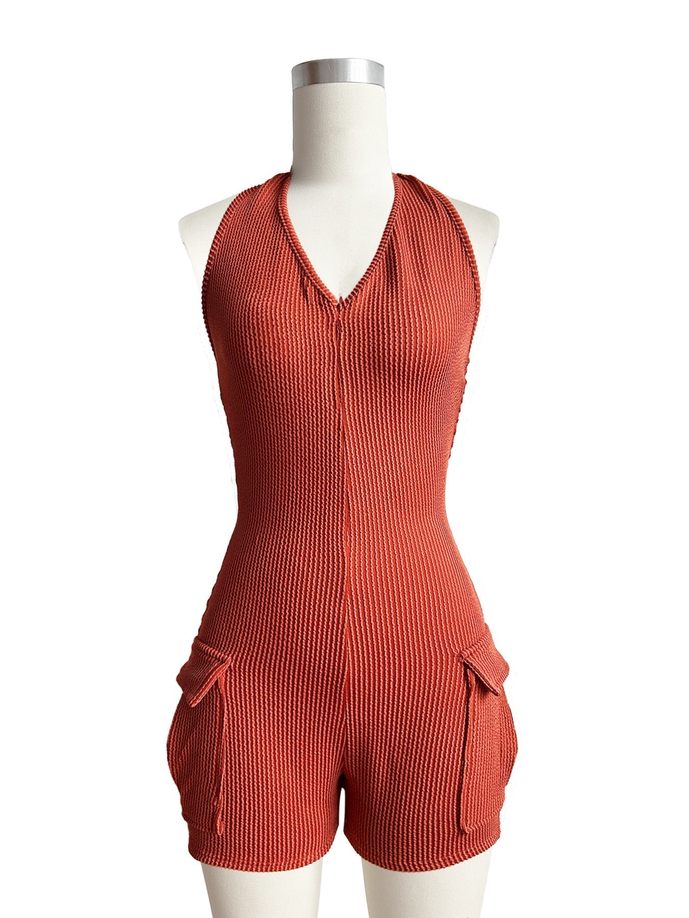 Halter Ribbed Cargo Romper Lavish Daily