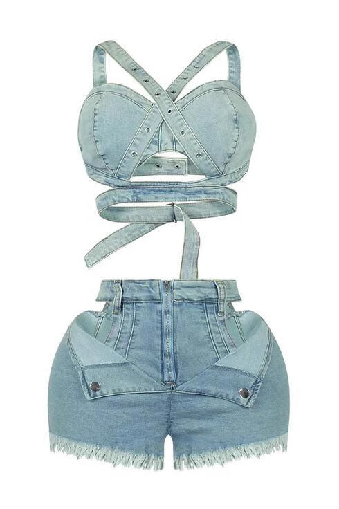 Denim Top & Cut Out Shorts Set Lavish Daily