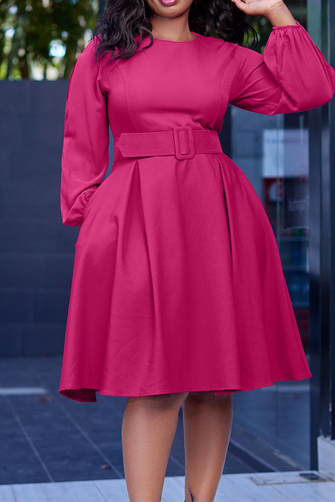 Crew-Neck Long Sleeve High Waisted Dress Lavish Daily