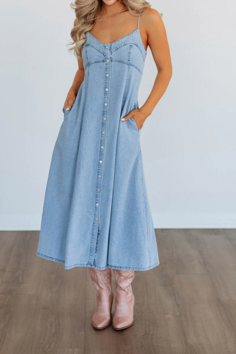 Loose Denim Strap Dress Lavish Daily