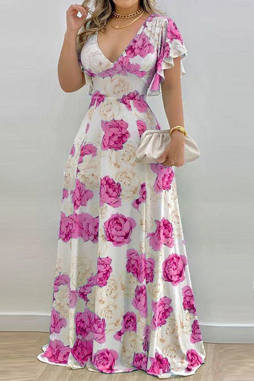 Elegant V-Neck Cinched Waist Print Maxi Dress Lavish Daily