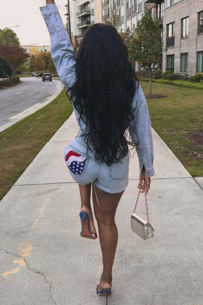 Casual Denim Set with Flag Print for Women Lavish Daily