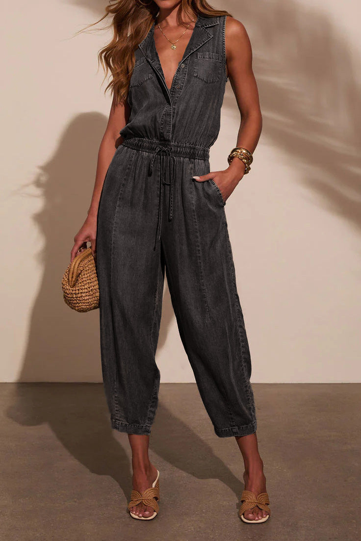 Sleeveless Drawstring Denim Utility Jumpsuit Lavish Daily