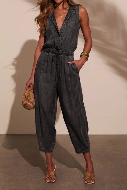 Sleeveless Drawstring Denim Utility Jumpsuit Lavish Daily