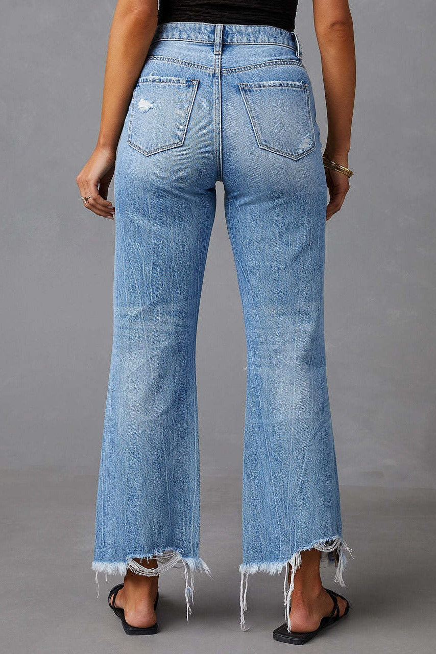 High Waist Distressed Raw Hem Cropped Jeans LavishDaily