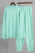 Distressed Knit Pants & Crew Neck Sweater Set Lavish Daily