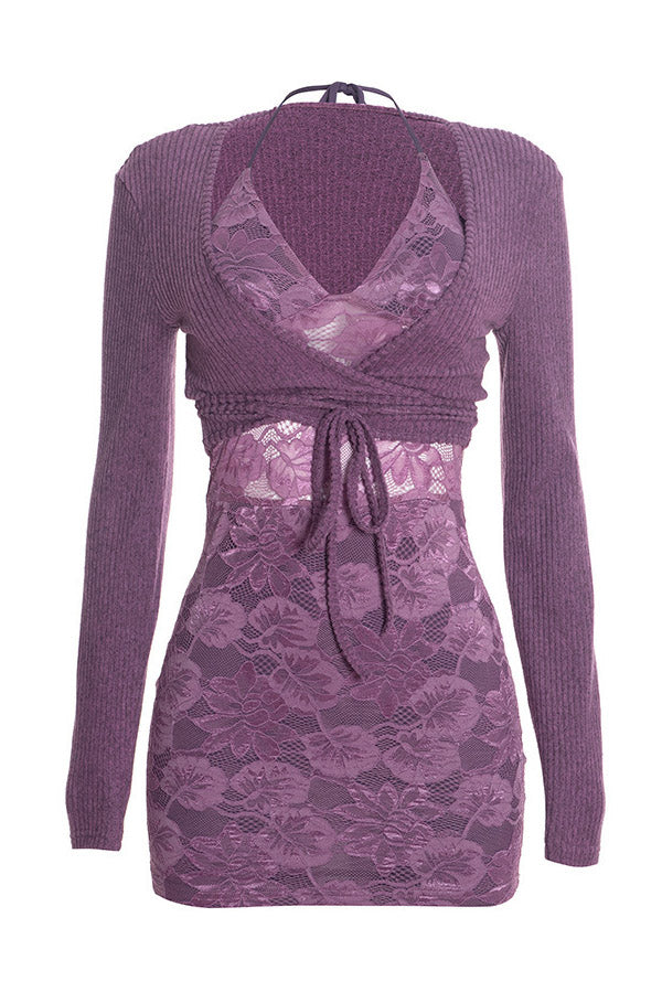 Lace Halter Mini Dress & Cardigan Set Lavish Daily