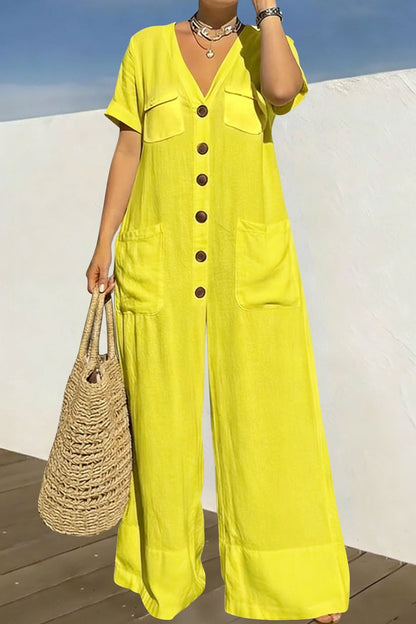 Plus Size Relaxed Button-Front Wide Leg Jumpsuit Lavish Daily