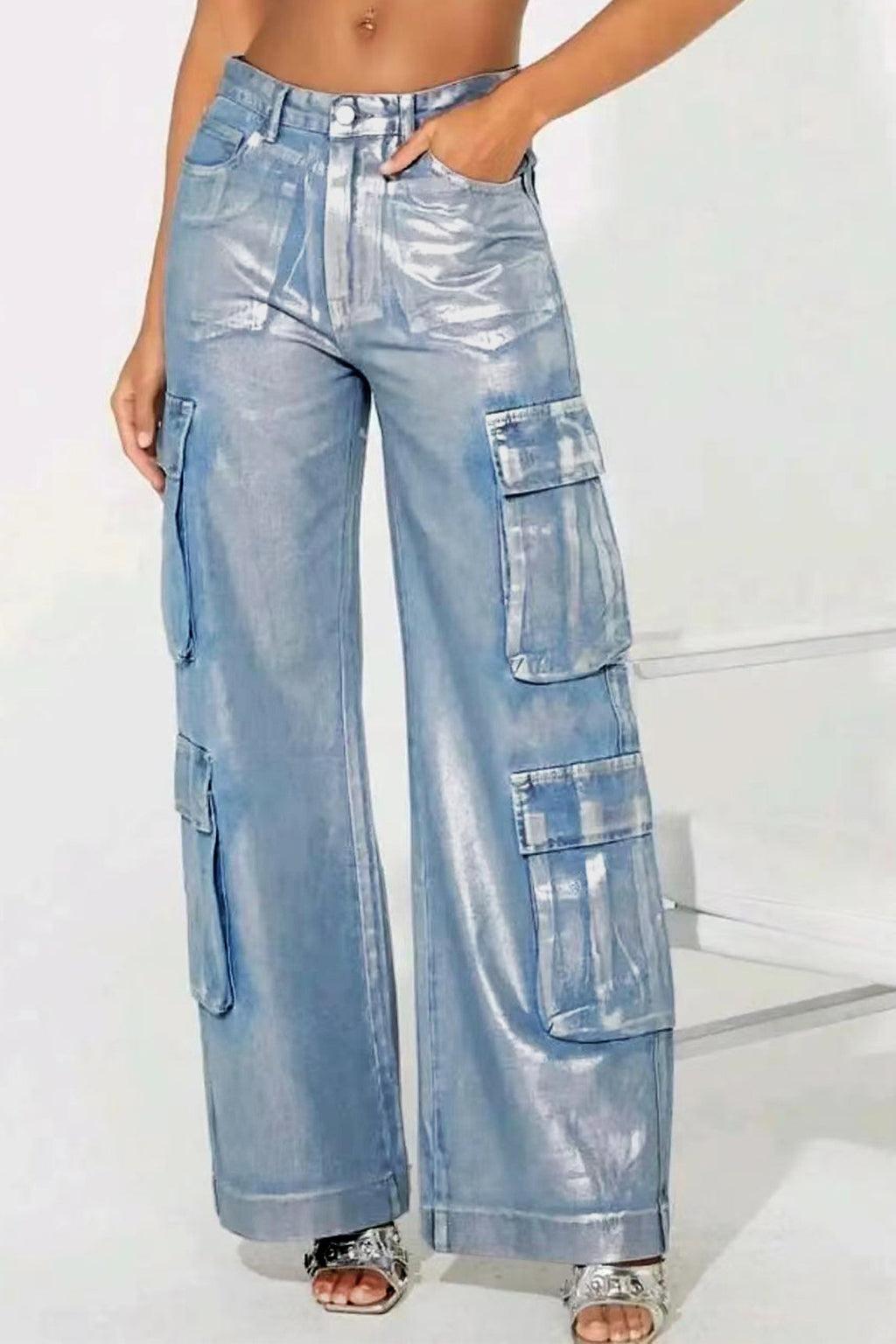 Hot Silver Elastic Cargo Jeans Lavish Daily