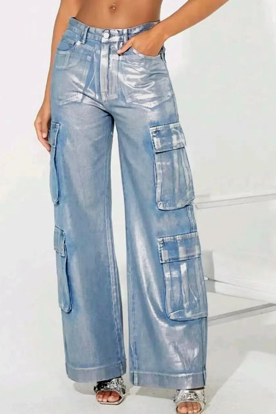 Hot Silver Elastic Cargo Jeans Lavish Daily