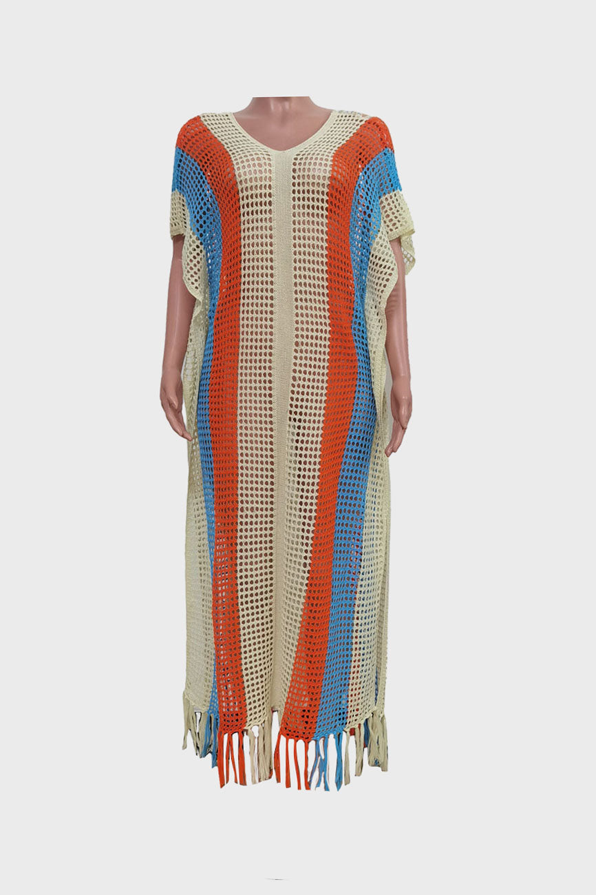 Colorblock V Neck Short Sleeve Split Cover Up Lavish Daily