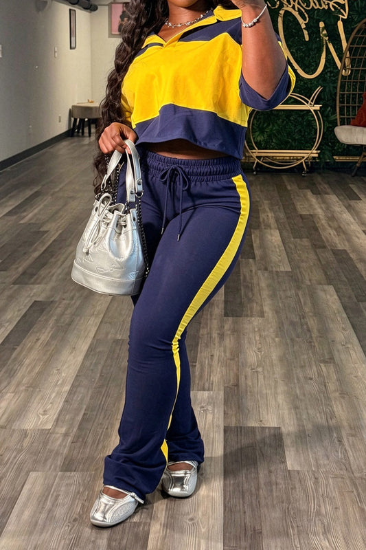 Colorblock Cropped Polo & Flare Pants Set Lavish Daily