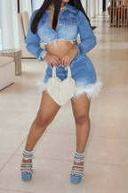 Denim Chic Feather-Trim Set Lavish Daily