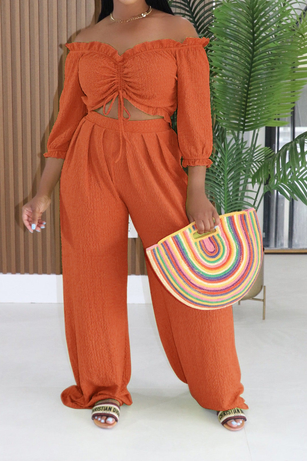 Textured Off-Shoulder Ruched Top & Wide Leg Pants Set Lavish Daily