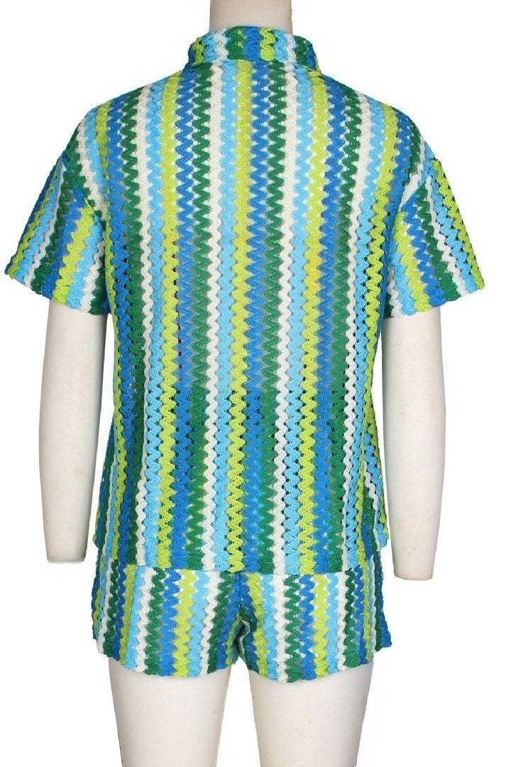 Crochet Chevron Short Sleeve Button-Down & Shorts Set Lavish Daily
