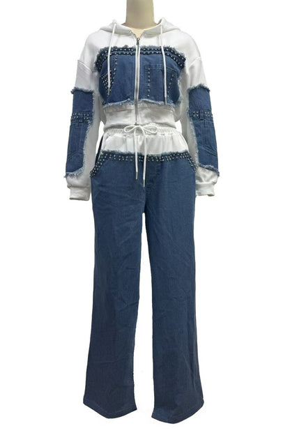 Studded Denim Patchwork Two Piece Set Lavish Daily