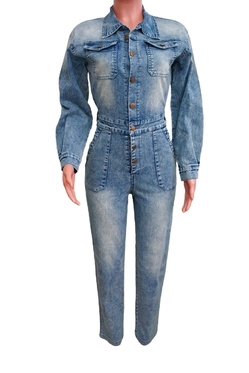 Long Sleeve Button Down Denim Utility Jumpsuit Lavish Daily