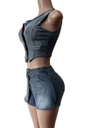 Stretch Denim Apron Shorts Set - Vest & Shorts Lavish Daily