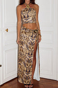 Halter Print Crop Top & Slit Skirt Set Lavish Daily