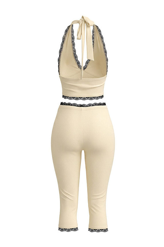 Lace Trim Ribbed Capri Set Lavish Daily