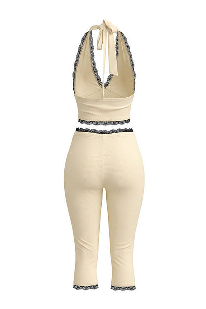 Lace Trim Ribbed Capri Set Lavish Daily