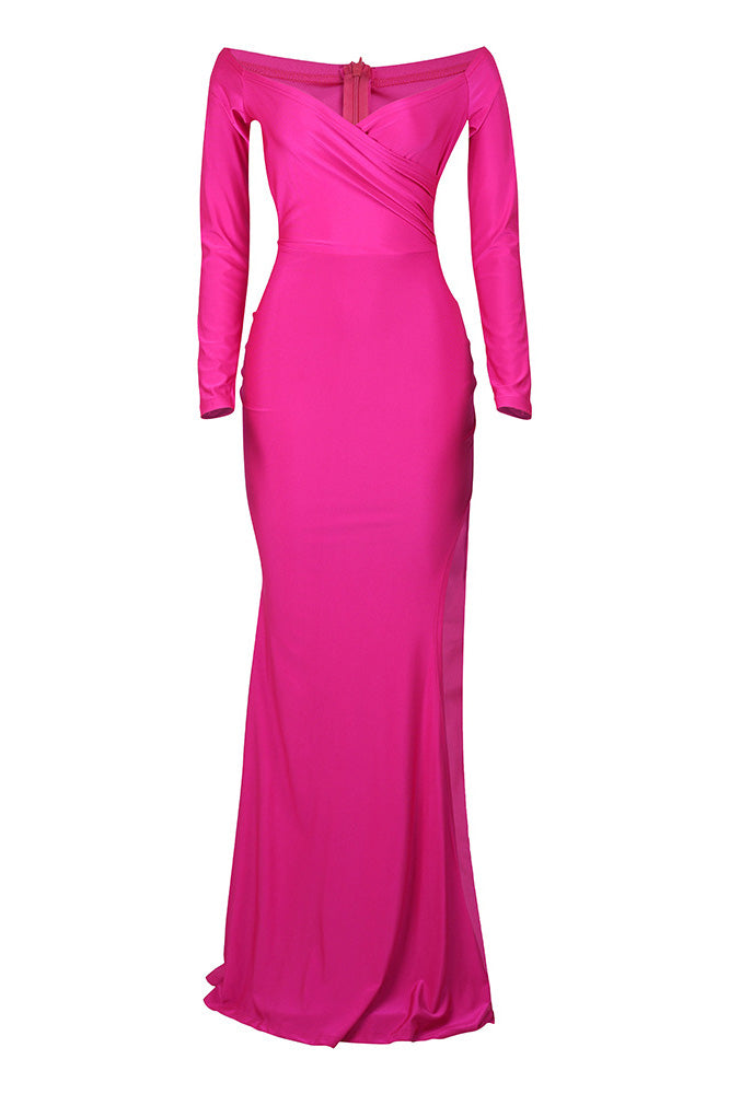 Off-Shoulder Long Sleeve Sweep Train Dress LavishDaily