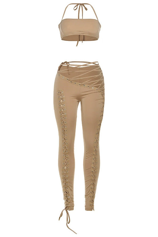 Crop Top and Lace-Up Pants 2-Piece Set Lavish Daily