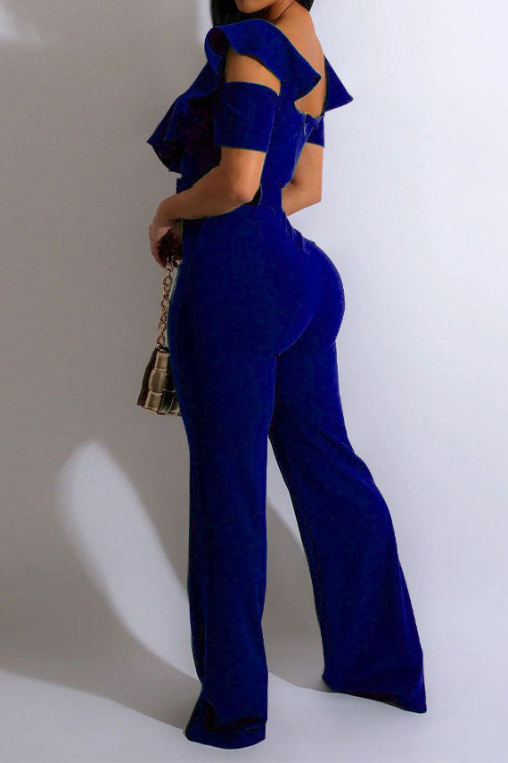 Plunging Ruffle Off-The-Shoulder Belted Flared Jumpsuit Lavish Daily
