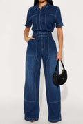 Denim Button-Front Carpenter Jumpsuit LavishDaily