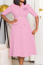 V-Neck Button Front Solid Color Midi Dress Lavish Daily