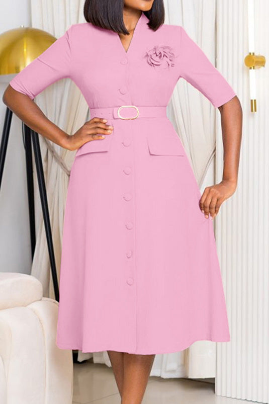 V-Neck Button Front Solid Color Midi Dress Lavish Daily
