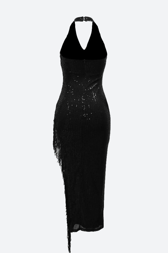 Halter Tassel Fringe Sequin Maxi Dress Lavish Daily