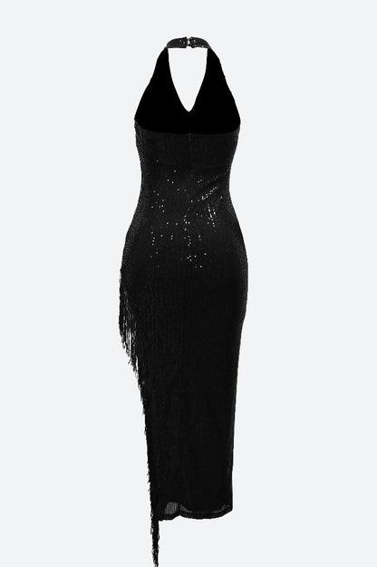 Halter Tassel Fringe Sequin Maxi Dress Lavish Daily