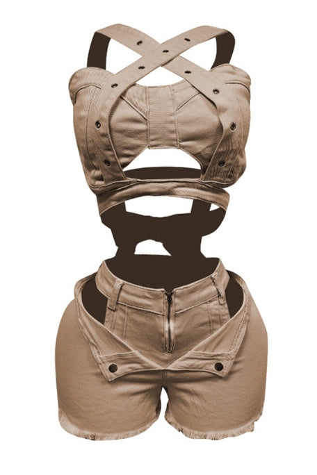 Denim Top & Cut Out Shorts Set Lavish Daily