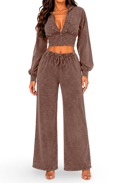 Washed Cropped Zip Jacket Wide Leg Pants Set Lavish Daily