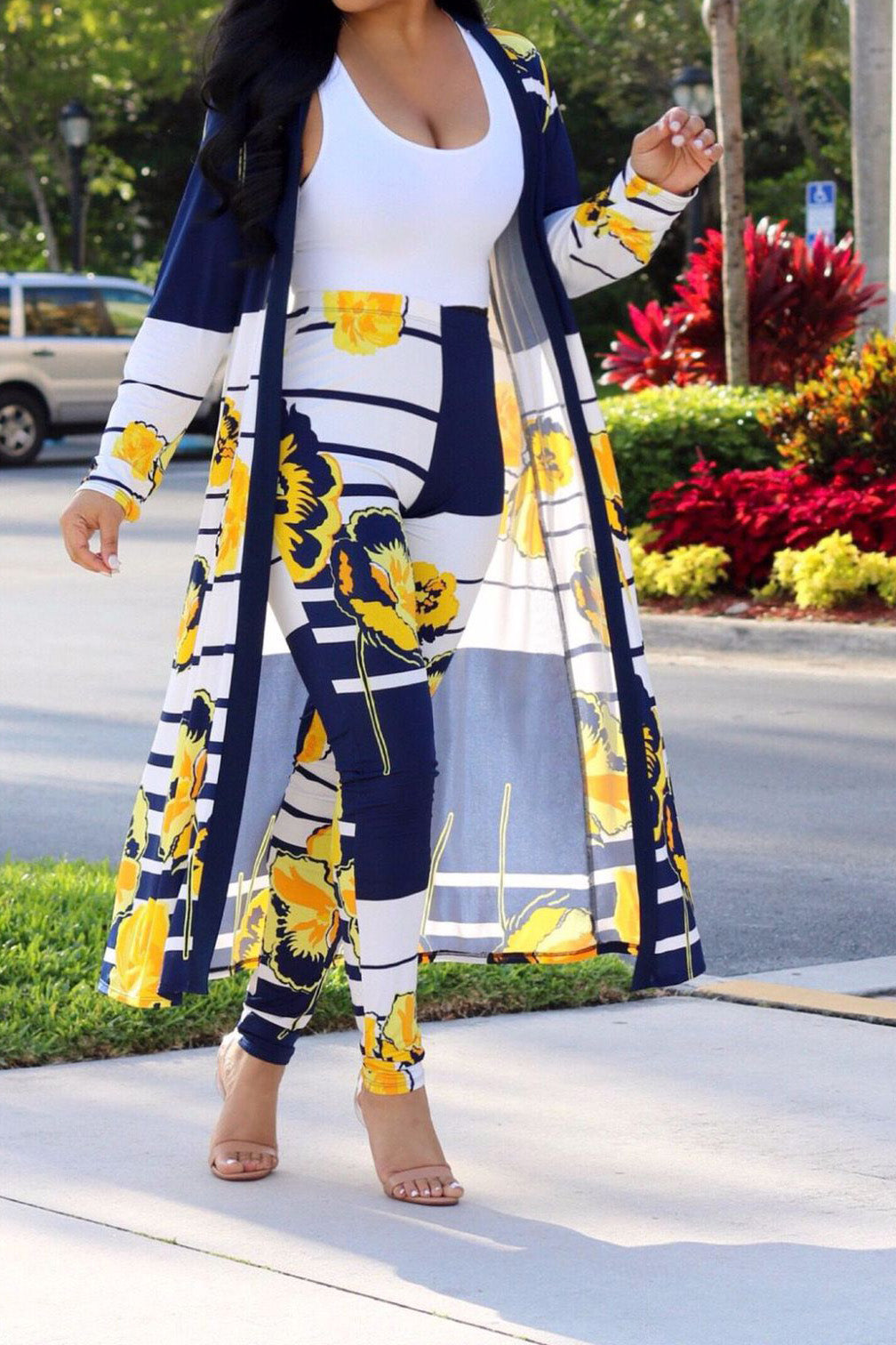Printed Pants with Long Cardigan Set Lavish Daily