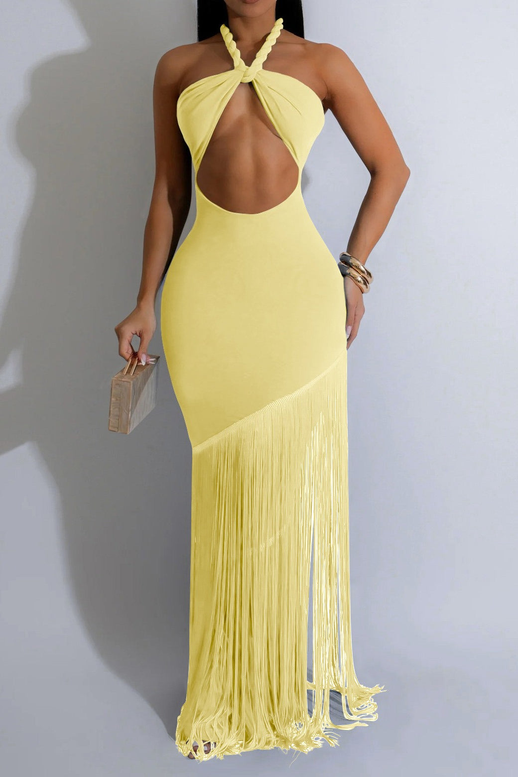 Halter Cutout Fringe Maxi Dress Lavish Daily