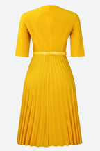Solid Belted Pleated Dress Lavish Daily