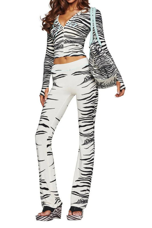 Printed Zip Hoodie Flare Pants Set Lavish Daily