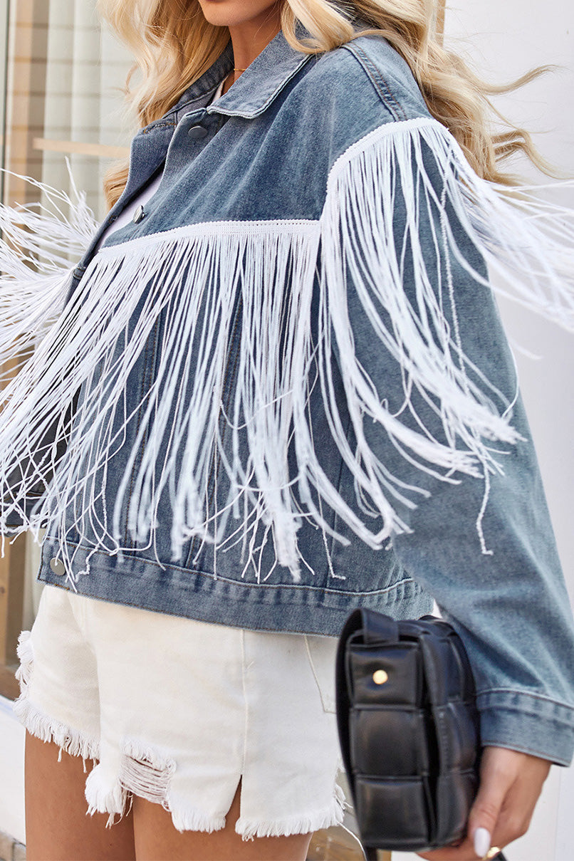 Washed Tassel Long Sleeve Denim Jacket Lavish Daily