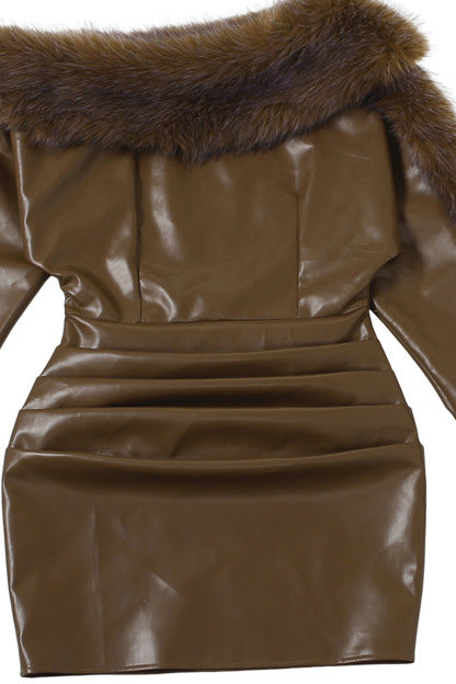 PU Faux Fur One Shoulder Dress Lavish Daily