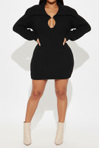 Fold Over Collar Lantern Sleeve Knit Dress Lavish Daily