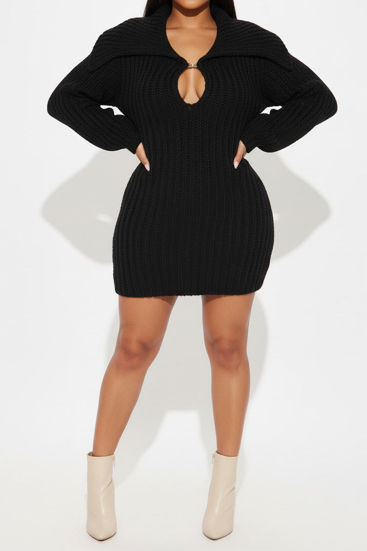 Fold Over Collar Lantern Sleeve Knit Dress Lavish Daily