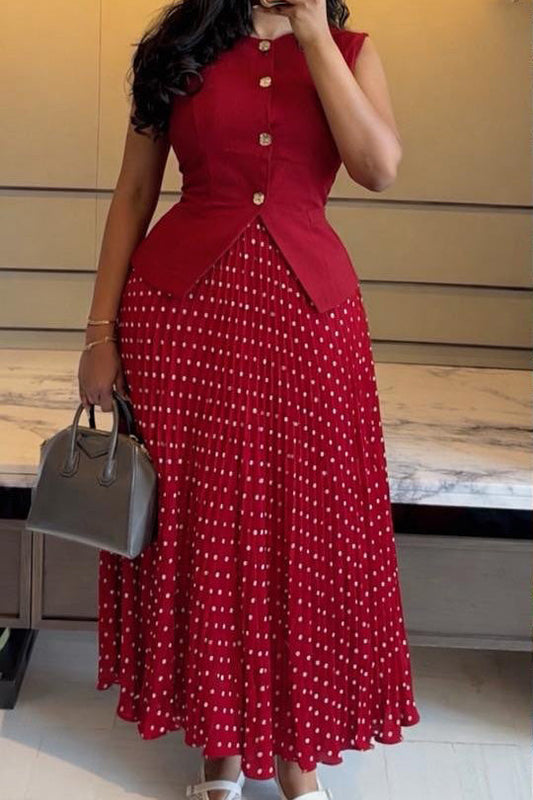 Button Vest & Polka Dot Pleated Skirt Set Lavish Daily