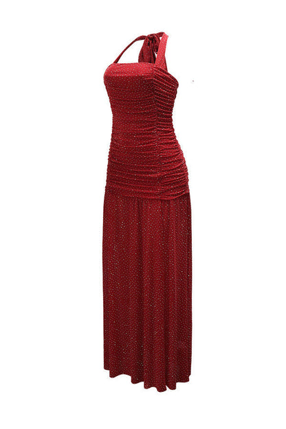 Shimmer Ruched Halter Slit Maxi Gown Lavish Daily