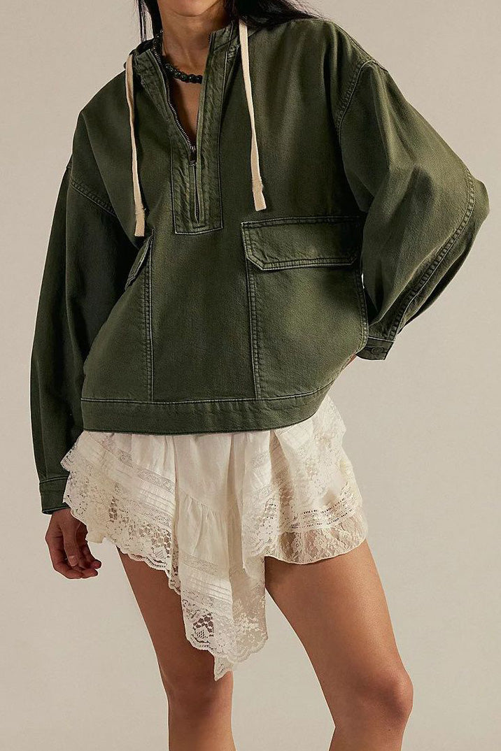 Half Zip Denim Hoodie Pullover Jacket Lavish Daily